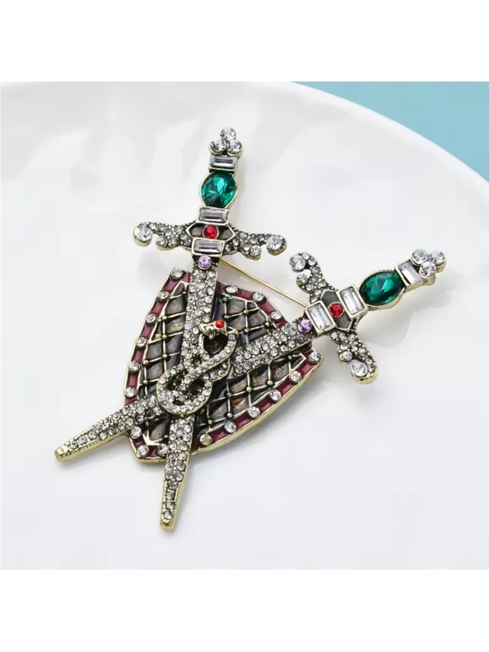 Green and Red Jeweled Sword Brooch